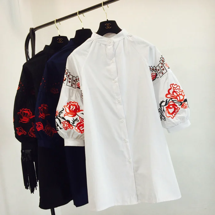 

Winter Autumn New Arrival Women Fashion Embroidery Floral Half Puff Sleeve Long Shirt Female Casual Original Loose Stand Blouse
