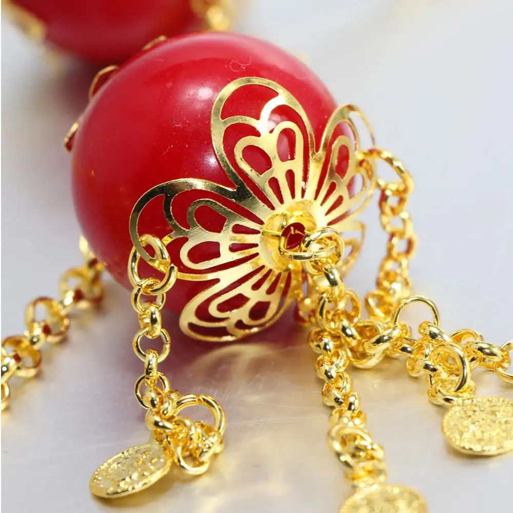 JUST FEEL Африка, Индия комплект ювелирных изделий красные шарики ожерелье с удлиненной цепью кисточка золотого цвета Комплект сережек для женщин Свадебные подарки невесты