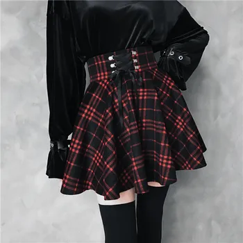 

2019 New Gothic Girls Summer Black Red Plaid Skirt Women High Waist A-Line Lace-Up Lacing Mini Short Skirt Plus Size 4XL