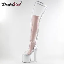 Wonderheel/высокие сапоги до бедра на очень высоком массивном каблуке 20 см с открытым носком на серебристой платформе с прозрачным голенищем; модные ботинки для показа