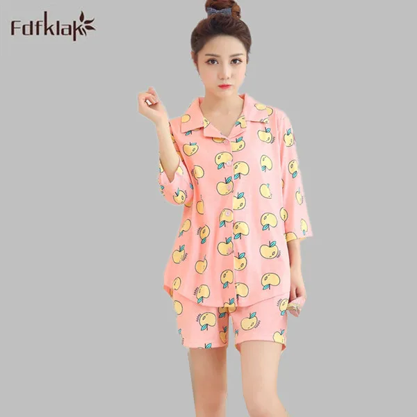 Print Pyjamas Women Cotton Short Sleeve Sleepwear Set
