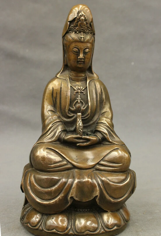 

song voge gem S4804 9" Chinese Bronze Copper Folk Buddhist Kwan-Yin Quan Yin Pot Goddess Statue