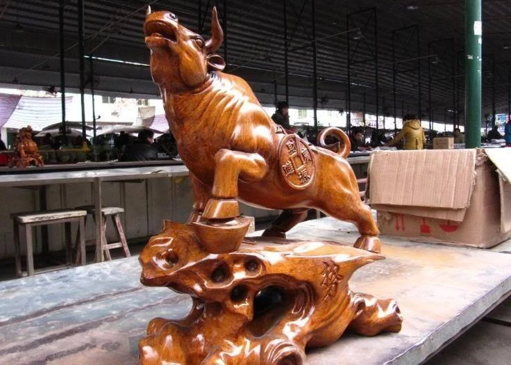 

China Folk Yellow Wood handwork Fengshui Kind Carved Money Bull Ox Statue