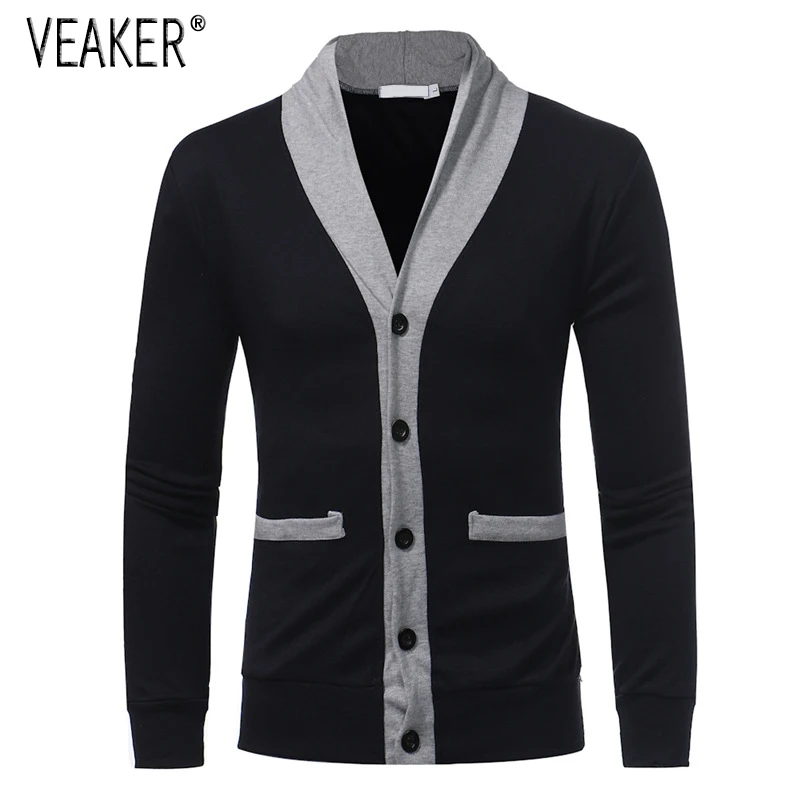 

2018 Autumn Men's Casual Sweater Coat Men Casual Patchwork Slim Fit V-Neck Knitted Sweater SweaterCoat M-2XL