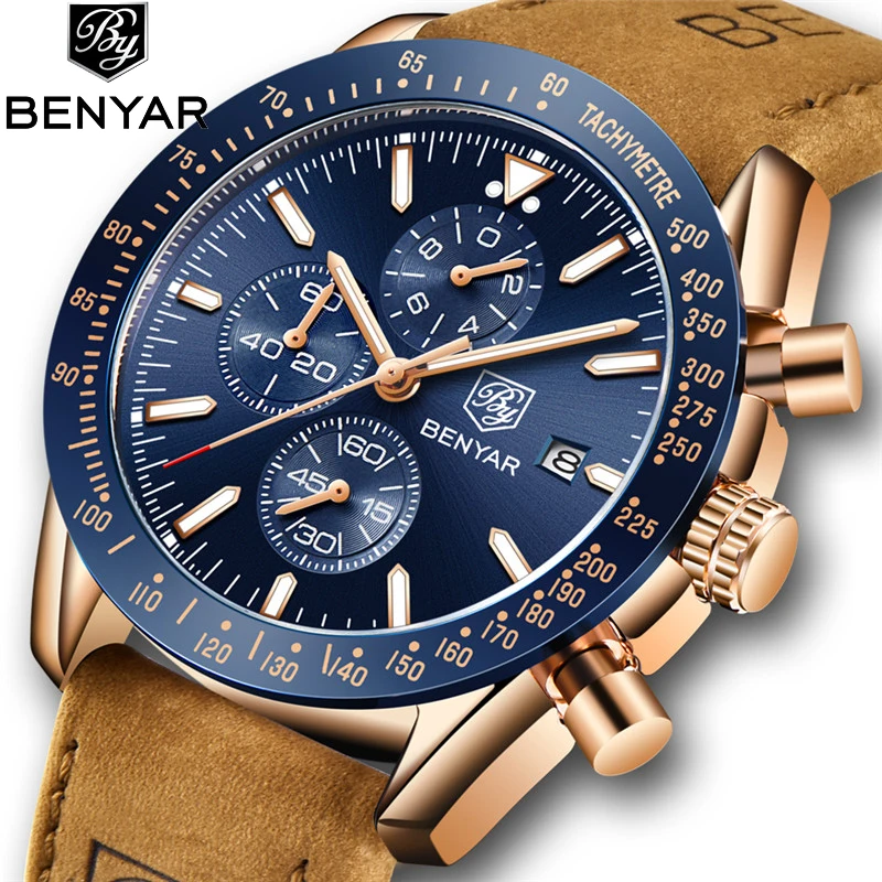 

Luxury Brand Blue Dial Male Watch Military Quartz Sport Men Chronograph Waterproof Mens Watches Rose Gold Case Sport Wristwatch