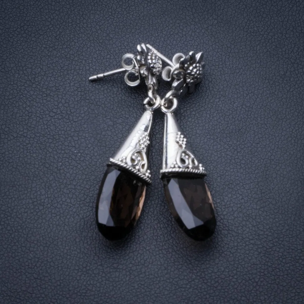 

Natural Smoky Quartz Bohemian 925 Sterling Silver Drop Earrings 1 1/2" R2421