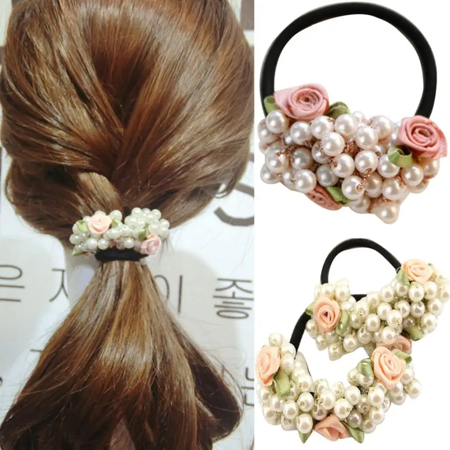 

Women hair bands ring rope headwear Fashion Rhinestone Crystal Pearl Hair Band Rope Elastic Ponytail Holde 2u0209