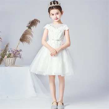 

4~14Years Children Girls Elegant Pure White Color Wedding Birthday Party Flowers Fluffy Dress Kids Toddler Host Piano Prom Dress