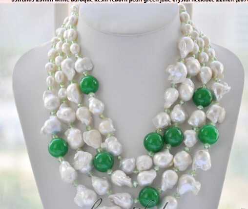 

Miss charm Jew1189 3strands 25mm white baroque keshi reborn pearl green jade crystal necklace