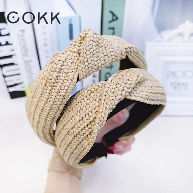 

COKK Straw Hairband Hair Accessories For Women Handmade Woven Korean Holiday Hair Hoop Headdress Knot Cross Headband Vacation