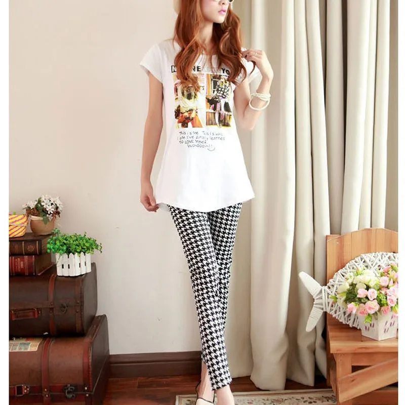

Slim Leg Skinny Leggings Women Stretchy houndstooth Print Leggings Pencil Pants Straight Leg Trousers Vintage Pantalones Office