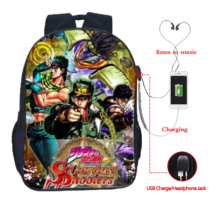 JoJo No Kimyou Na Bouken JoJo's Необычные Приключения Jotaro USB Chargingbackpack для мужчин женщин мальчиков девочек рюкзаки школьные сумки