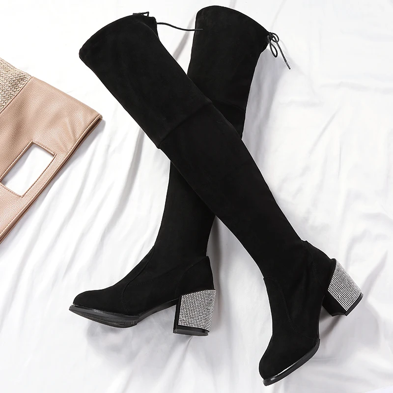 

Suede Leather Women Over The Knee Boots Autumn Winter Long Boots Plus Size Platform High Heel Shoes Woman Black Rhinestone