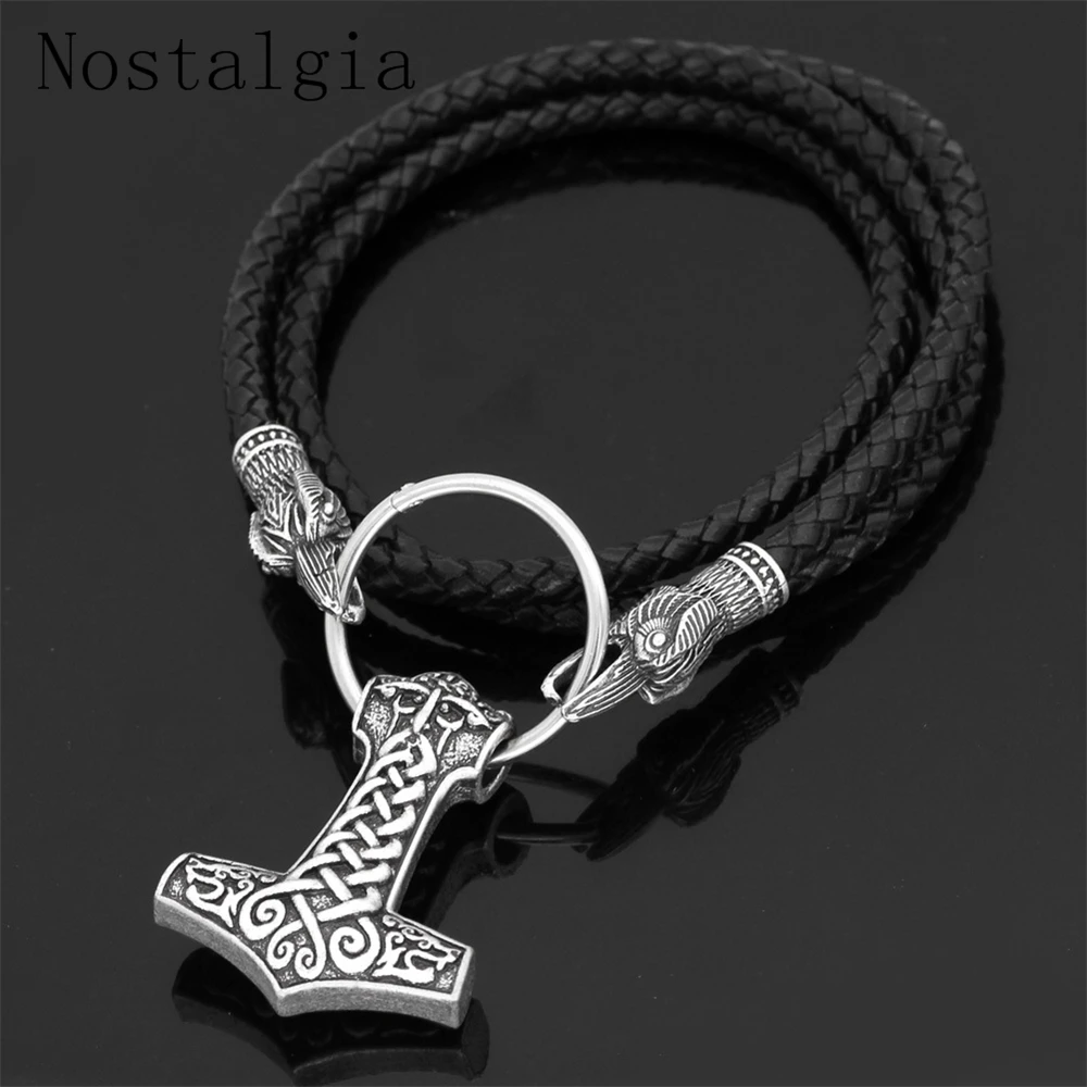 

Men Norse Viking Amulet Ravens Of Large Thor Hammer Mjolnir Odin face bear head Amulet Pendant Necklace Leather chain Dropship