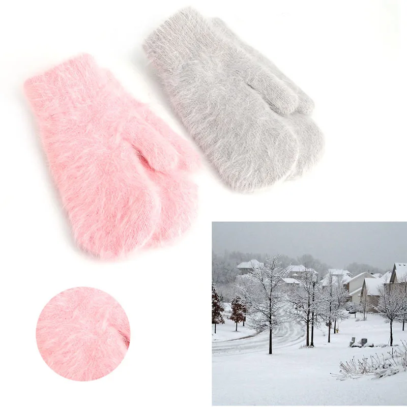 

Winter Pink Faux Rabbit Fur Solid Color Women Thickened Gloves Warm Mittens Drop Ship
