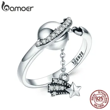 

BAMOER 100% 925 Sterling Silver Bright Galaxy Sparkling Star Plant Finger Rings for Women Wedding Engagement Jewelry Gift SCR377