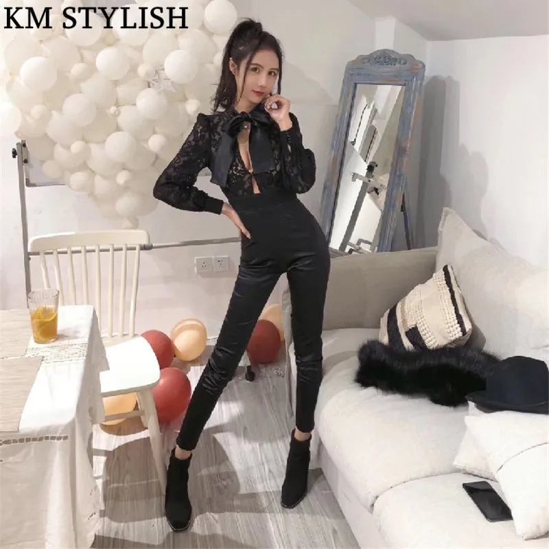 Australian Tide Brand 2018 Fall Winter New Sexy Deep V-neck Lace Bow Halter Tights Small Feet Slim Black Jumpsuit
