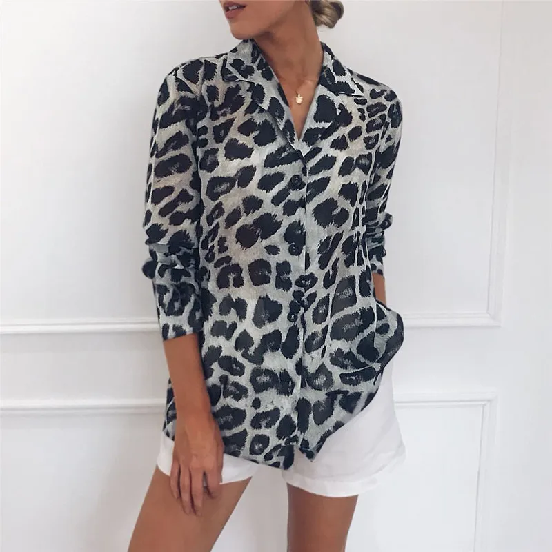 Шифоновая Блузка с длинным рукавом, сексуальная леопардовая блузка с отложным воротником, Женская Офисная рубашка, туника, повседневные свободные топы размера плюс, блузы