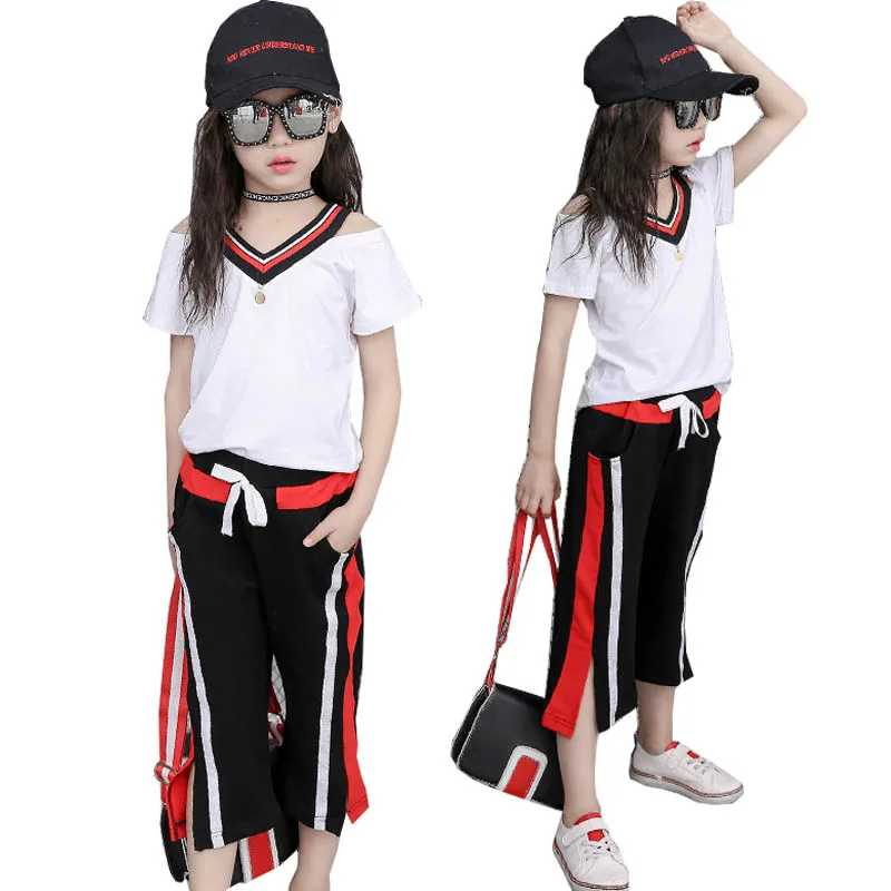 Summer Kids Tracksuit Costume Girls Children's Clothing Striped V-neck T Shirt Pants 2pcs Kids Sport Suits for Girls Clothes Set Summer Kids Tracksuit Costume Girls Children's Clothing Striped V-neck T Shirt Pants 2pcs Kids Sport Suits for Girls Clothes Set