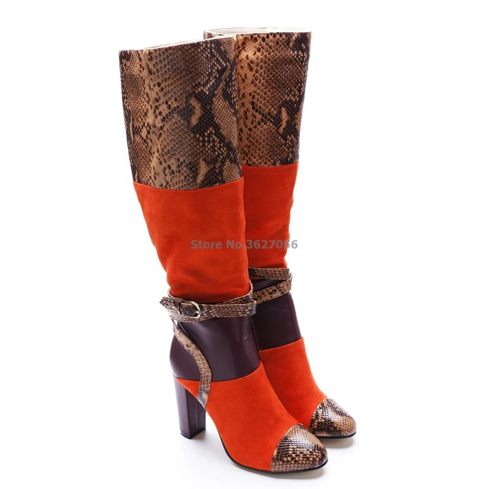 

Orange Suede Mixed Snakeskin Python Strap Buckle Mid Calf Boots Brown Alligator Pattern Round Toe Zipper Chunky Heels Boots