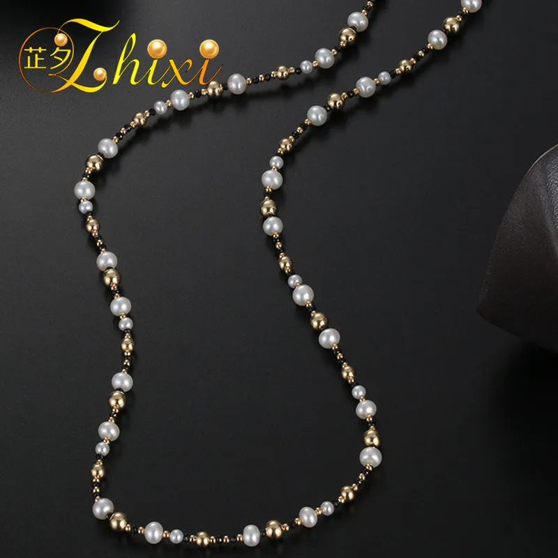 

ZHIXI Fine Jewelry Long Pearl Necklace 9K Yellow Gold Natural Pearl Sweater Chain Near Round Anniversary Gift Black Onyx X327