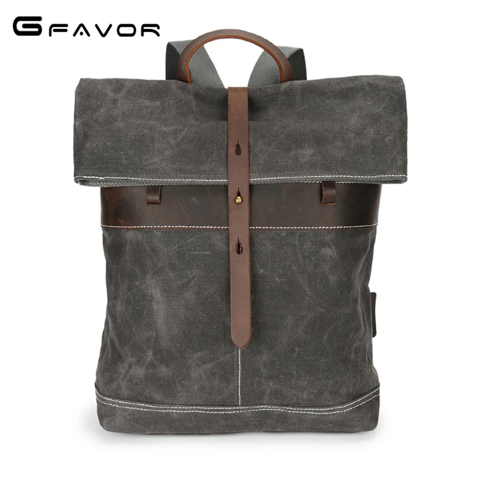 

G-FAVOR Waterproof Travel Backpack Men Canvas&Crazy Horse Leather Shoulder Bag Male Vintage Men's Bags