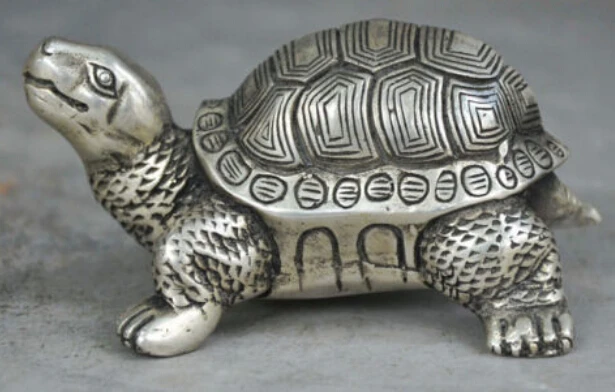 

SUIRONG---612+++4" Folk Old China FengShui Silver Wealth Testudo Turtle Tortoise Statue Figurine