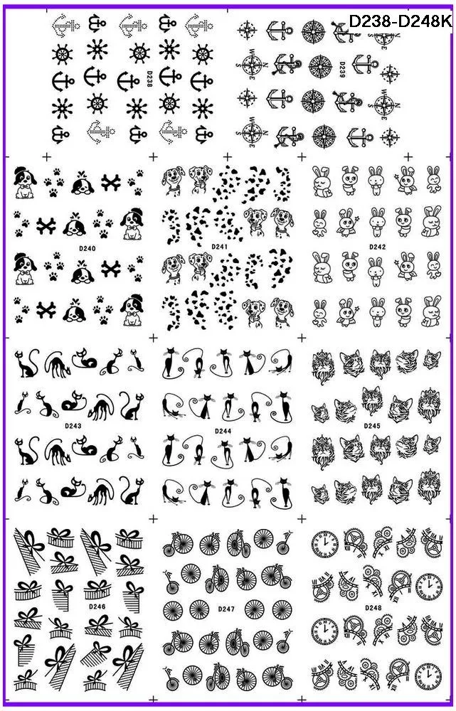 11 упак./лот переводятся с помощью воды, наклейка для ногтей наклейки на ногти черного цвета с рисунком собачки и котика часы кролик D238-248K
