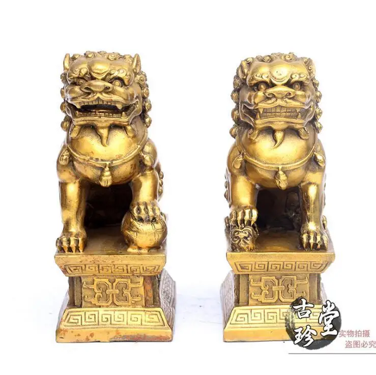 

Chinese FengShui brass Copper Evil Door Guardian Foo Dog Lion beast statue Pair