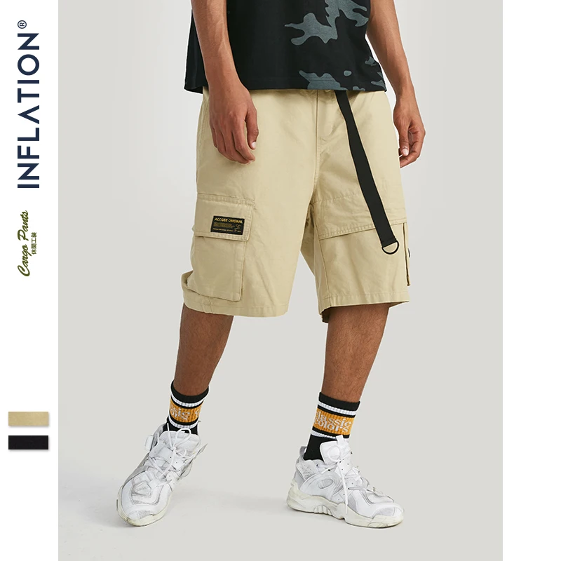 

INFLATION 2019 Summer Casual Men Pocket Shorts Loose Sportswear Cotton with Belt New Fashion Breathable Shorts Hombre 94368SD