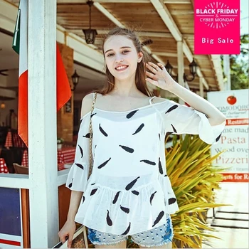 

2018 Summer New Feathers print Embroidered ruffles Sexy strapless butterfly Sleeve Short Chiffon slash neck casual Shirt L153