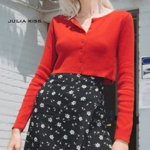 Женский легкий вязаный Укороченный кардиган на пуговицах с круглым вырезом, свитер пуговицы, вязаный Топ