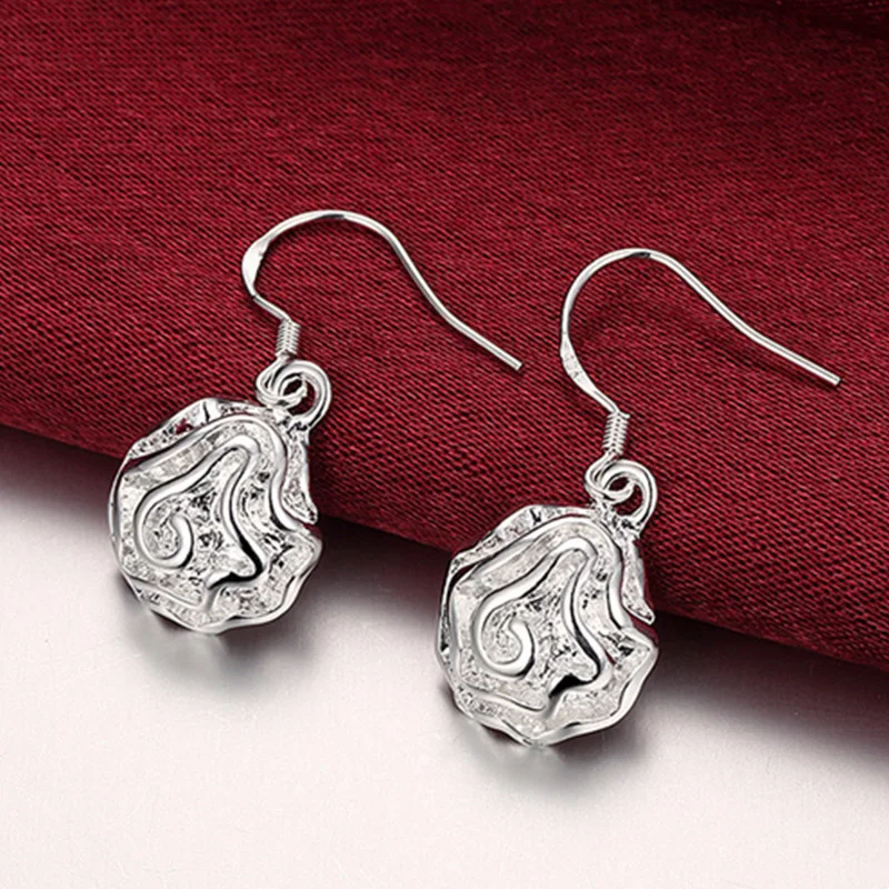 

Fashion 925 Silver Color Rose Flower Drop Earrings Cute Women Girl Jewelry Gift Hot Cute Wholesale Factory