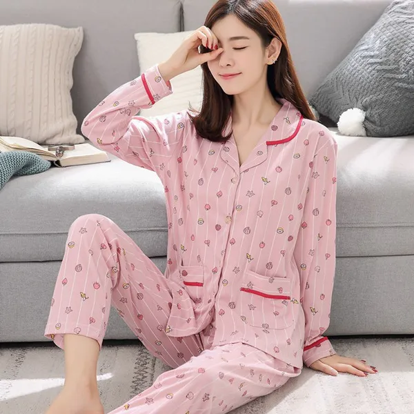 Пижамные комплекты размера плюс из хлопка для женщин, весенне-осенняя пижама с длинным рукавом и принтом, домашняя пижама, одежда для женщин - Цвет: 804