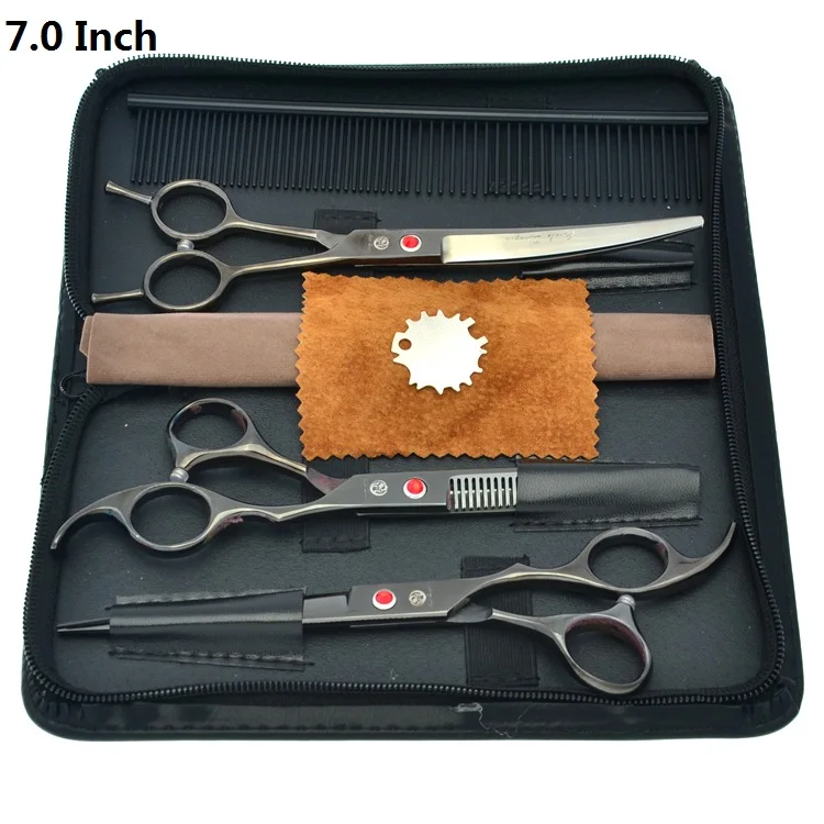 7.0" Purple Dragon Grooming Pet Clipper Japan 440c Steel Dog Straight& Thinning&Curved Scissors Animal Hair Cut Shears LZS0355 - Цвет: LZS0354 Set