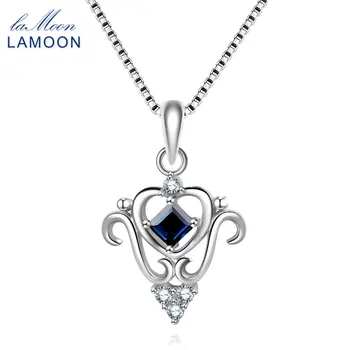 LAMOON Princess Cut 100% Real Square Sapphire 925 Sterling Silver Chain Pendant Necklace Jewelry  S925 LMNI055