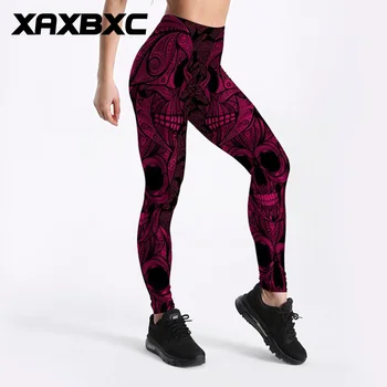 

XAXBXC 3950 Sexy Girl Pencil Pant Rose Red Big Skull Prints Elastic Slim Fitness Workout Women Leggings Plus Size