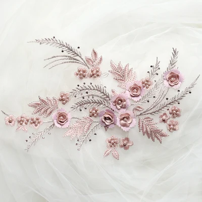 1 шт. 34*25 см вышитые стерео Кружева Цветы отделка ногтей бисером стразы аппликация для DIY шитье свадебное платье - Цвет: pink