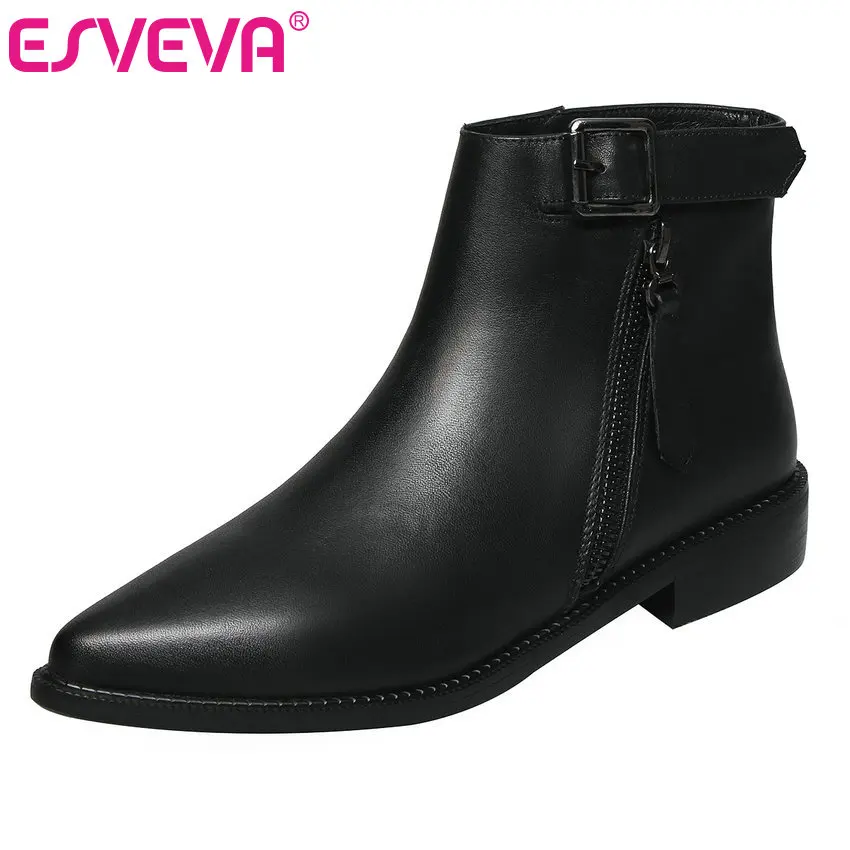 

ESVEVA 2020 Women Shoes Winter Ankle Boots Black Zipper Square Low Heel PU+Leather Female Motorcycle Platform Boots Size 34-42