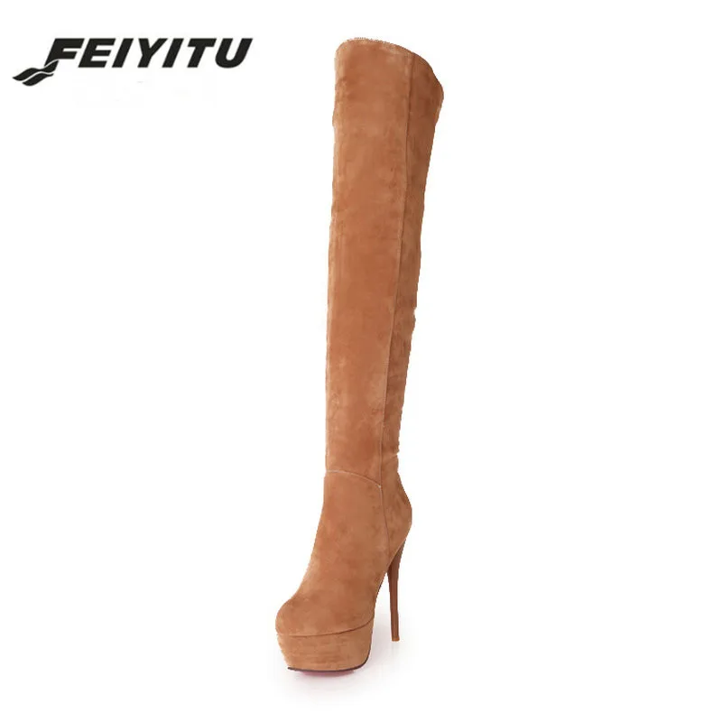 

feiyitu Winter Sexy High Heel Faux Suede Female Over the Knee Boots Platform Zip Women Long Boots Size 34-43