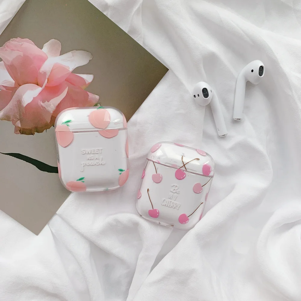 Pink Honey peaches Hard PC Crystal Cover Bag Cases Transparent Cherry Earphone Case for Apple AirPods 1 2 Wired Charging Box
