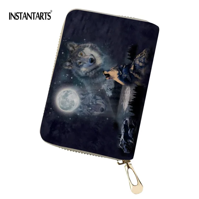 INSTANTARTS Fierce Moon Wolf Printed Business Card Holder Personalized Customized PU Zipper Hand ...