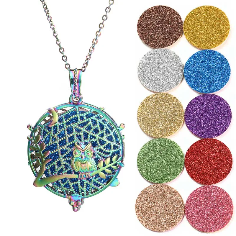 

2019 Colorful Vintage Silver Tree Of Life Owl Necklace Aromatherapy Box Essential Oil Diffuser Perfume Lockets Pendant Necklace
