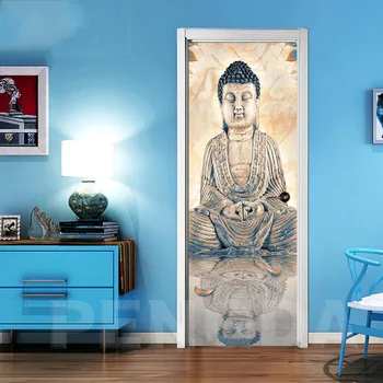 

Door Stickers PVC Poster Self Adhesive Buddha Statue Home Decor 3D Canvas Print Waterproof Wallpaper For Living Room Art Picture