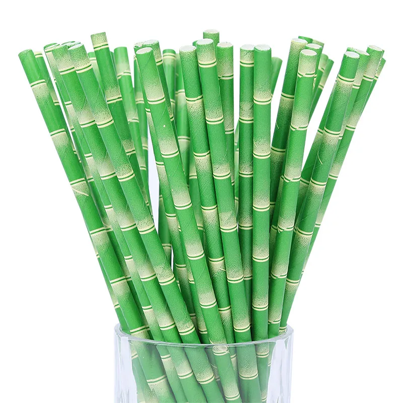 

25 pcs Green Yellow Bamboo Print Paper Straws Environmental Paper Drinking Straws For Wedding Birthday Bar/Pub Party Supply
