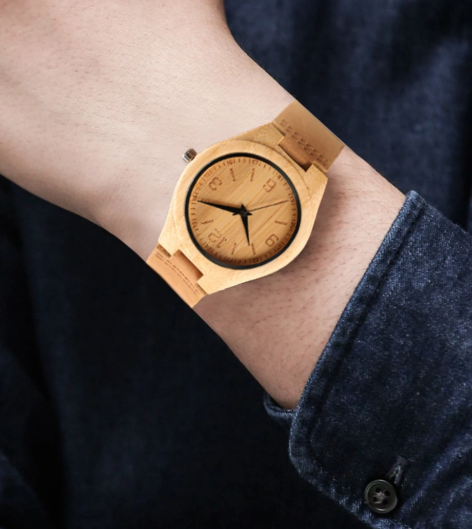 YISUYA Men's Watch Nature Wood Bamboo Watch Handmade Timber Clock Casual Sport Quartz Wrist Watch Genuine Leather Band Strap  (6)