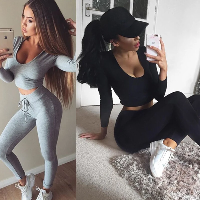 

SALSPOR Women Sexy Two Piece Set Solid Color High Waist Push Up Elastic Leggings Casual Long Sleeve Workout 2 Piece Set Female