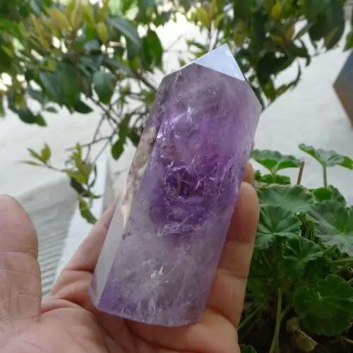 

huij 00800 Natural Preety Amethyst Quartz Crystal Point Reiki Polished Healing Bronze Statue