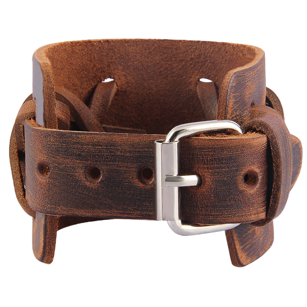 Handmade Leather Wide Cuff Bracelet Cross Punk Biker Men Bangle double Wrap Braided Leather Bracelet for Daily Wearing Brown
