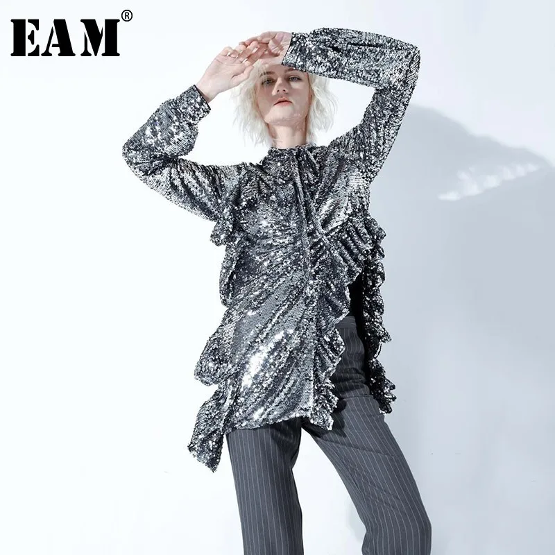 

[EAM] 2019 New Spring Summer High Collar Long Sleeve Hem Irregular Sequins Split Joint Sexy Dress Women Fashion Tide JK820